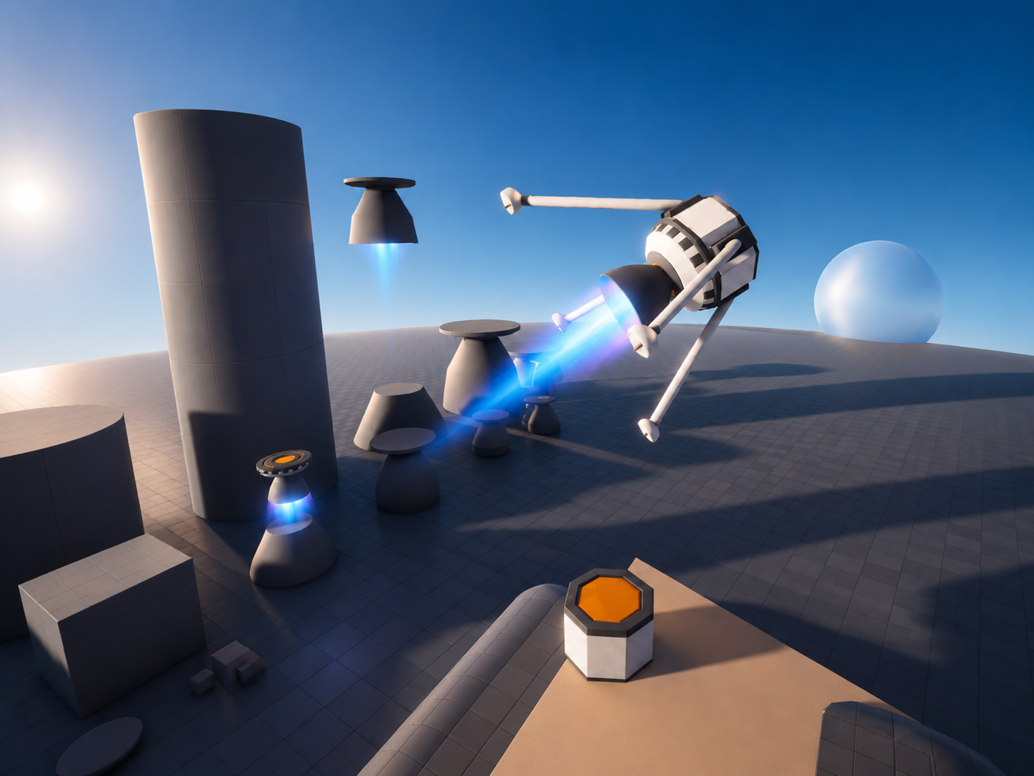 A rocket tumbling mid-launch with its engine firing, surrounded by scattered geometric debris